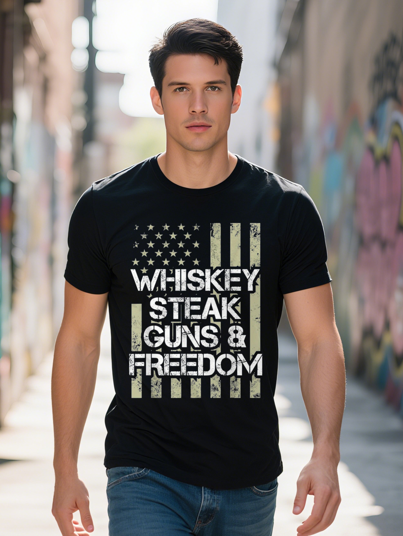 Men s g Cotton T Shirt Whiskey Steak Guns Freedom American Flag Graphic Tee Black Short Sleeve Round Neck
