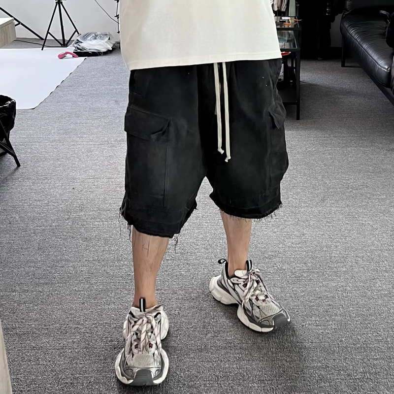 MIJKO Ro Style Ribbons Streetwear Multi-pockets Cargo Short for Men Elastic Waist Wide Leg Baggy Jeans Knee Length Pants Loose Overall
