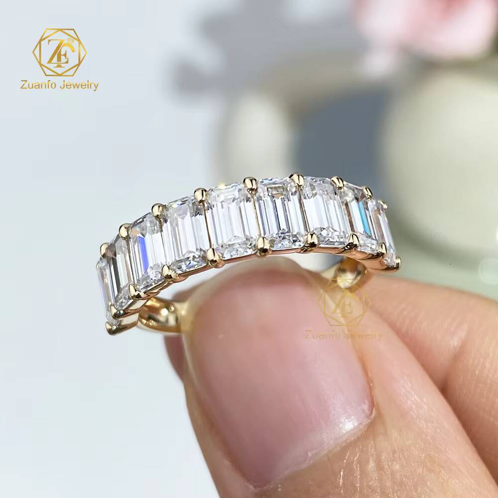 Custom 14k 18k Solid in Real Gold 3x5mm Emerald Cut Moissanite Diamond Wedding Band Half Eternity Ring for Women Jewelry