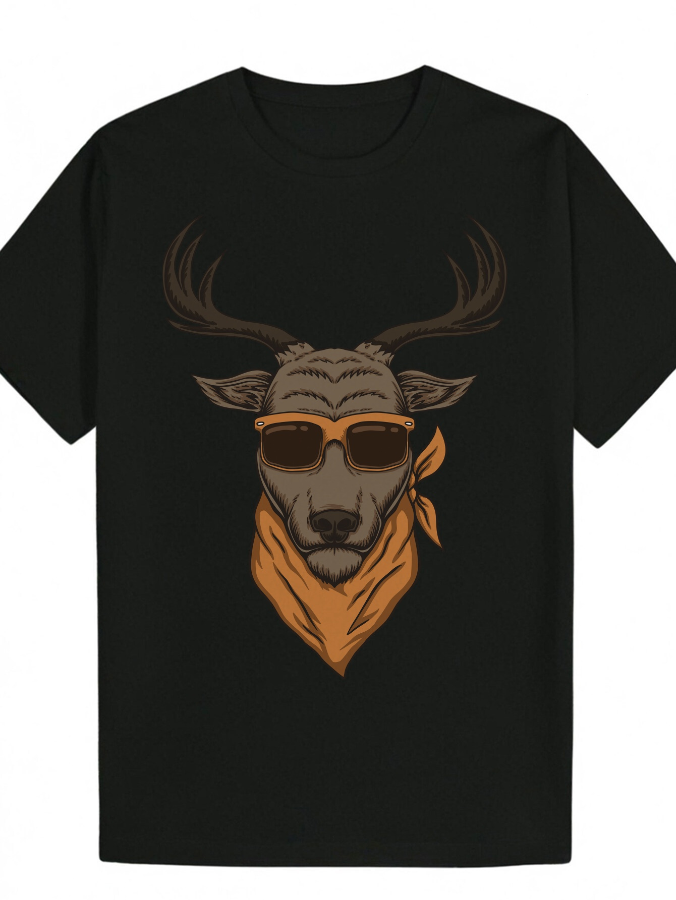 Men's Summer Round Neck Polyester Animal Pattern T-Shirt - Black Bull Design, Paired with Fashionable Glasses Bandana, Lightweight and Fabric, Su