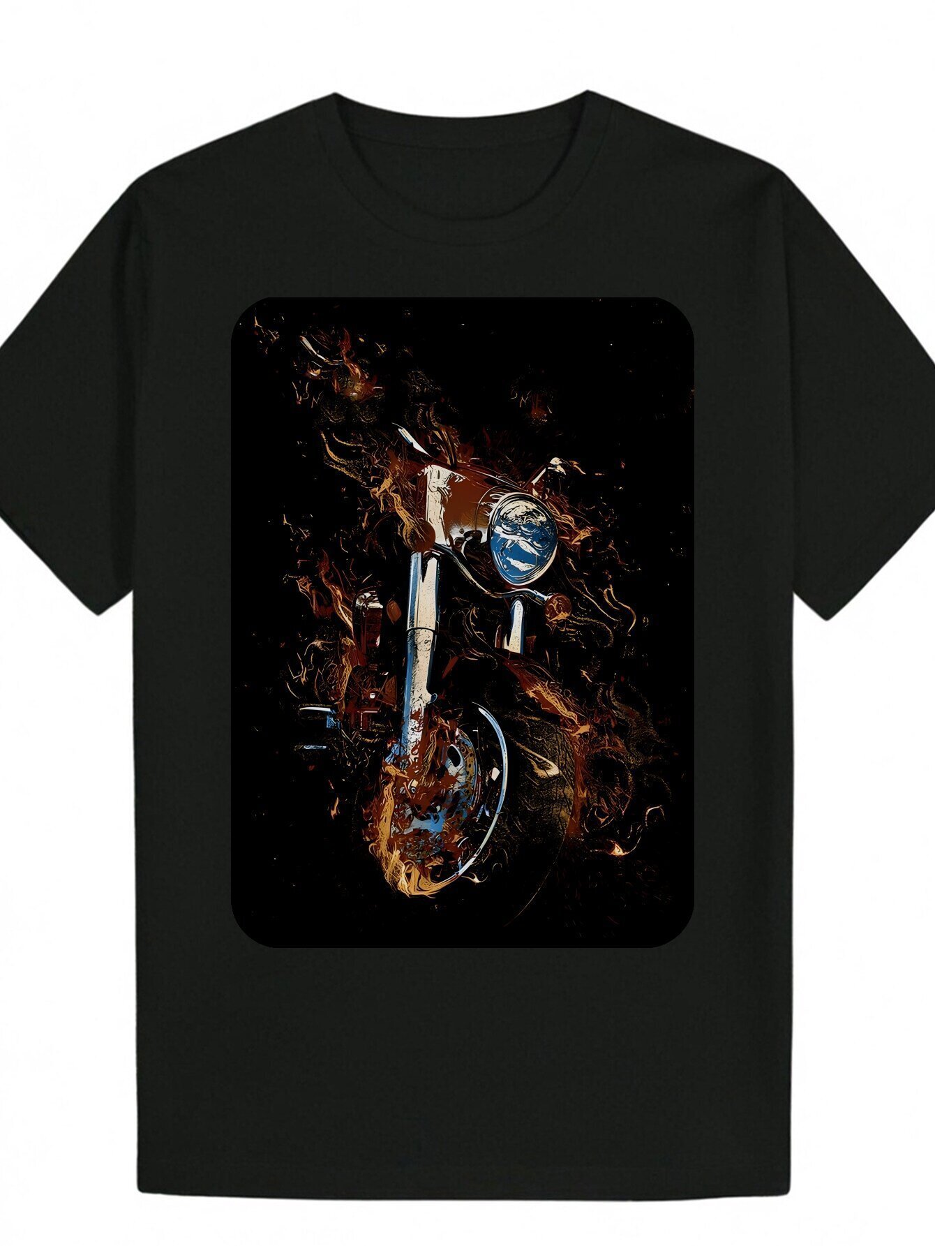 Men's Style Motorcycle Pattern Black Polyester Casual T-Shirt with Fiery Anime Design, Round Neck, Short Sleeve - Machine Washable Summer Series