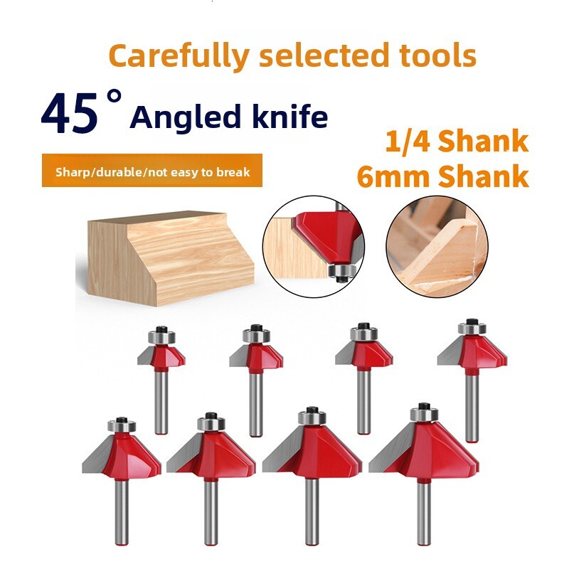 Red 45-Degree Bevel 1/4 6 Shank Half Round Relief Trimming hine Head Woodworking Milling Cutter