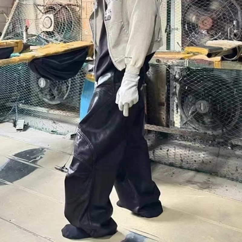 MIJKO Vintage Coated Wax Black Wide Leg Baggy Cargo Pants Men's Streetwear Cleanfit Pleated Casual Overalls Oversized Loose Trousers