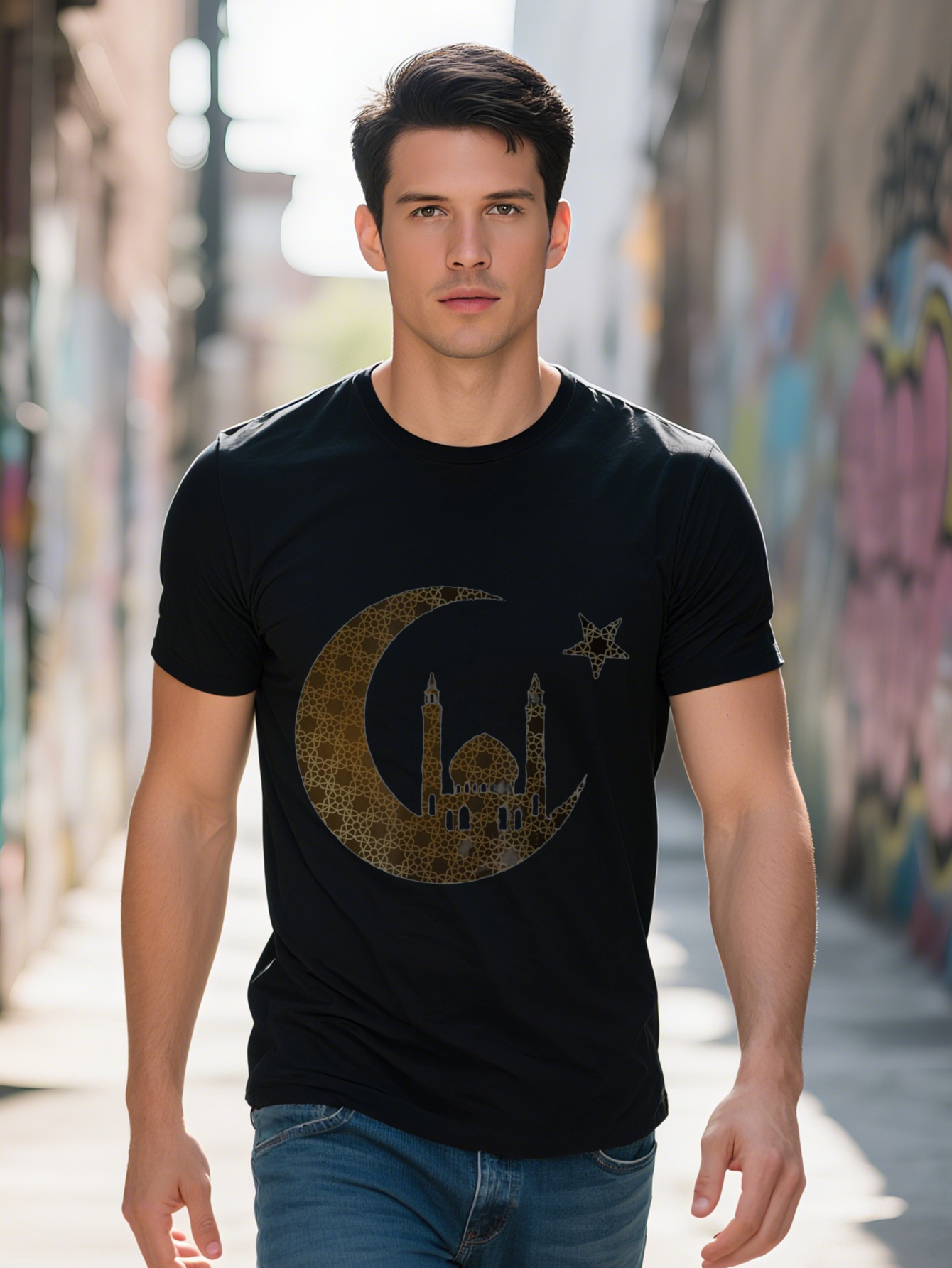 Men s Ramadan Kareem Graphic T Shirt Cotton Black with Golden Mosque Star Design Short Sleeve Tee All Seasons