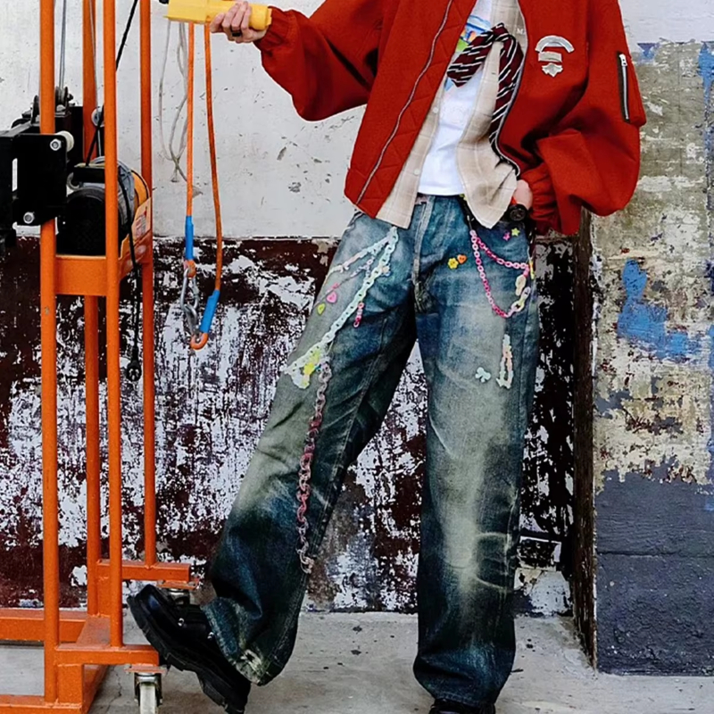 MIJKO Vintage 3D Print Color Chain Washed Baggy Jeans for Men and Women Straight Harajuku Loose Denim Trousers Oversized Cargo Pants