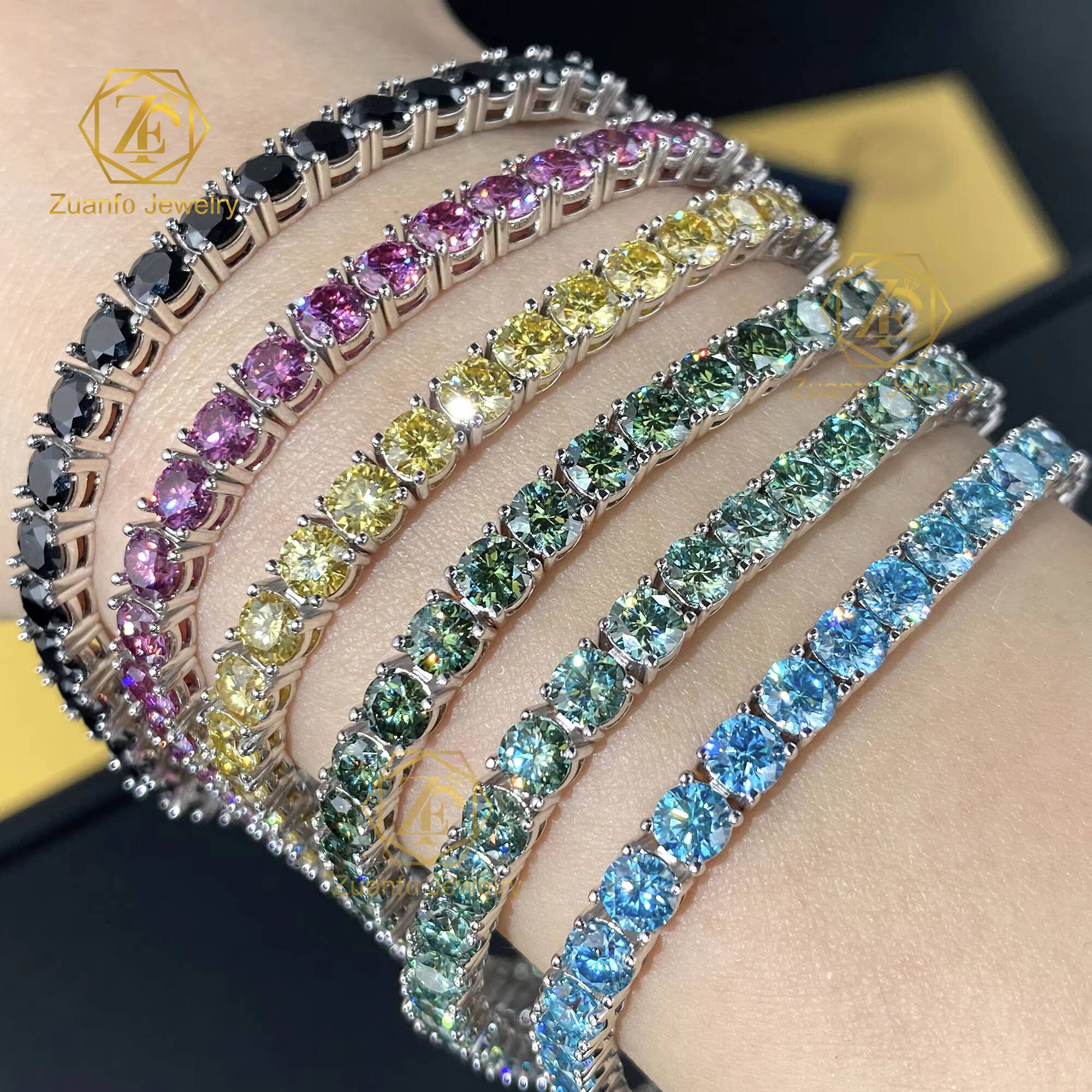 925 Silver Tennis Chain with Iced Out Colorful Moissanite Pass Diamond Tester Bracelet for Women and Men