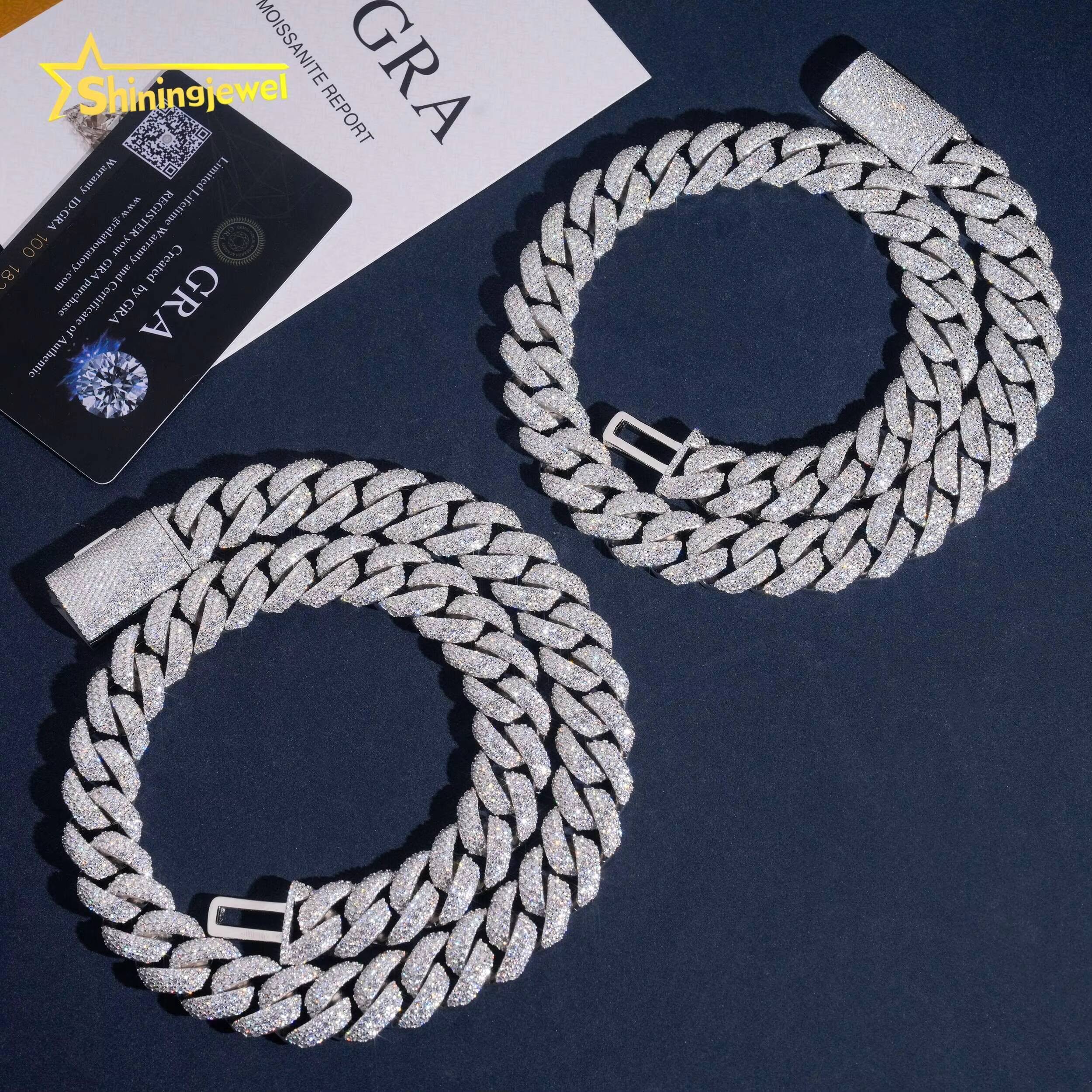 16mm 3Rows Iced Out Cuban Link Chain Rapper Men Jewelry 925 Silver Round VVS Moissanite Diamond Miami Cuban Bracelet Necklace