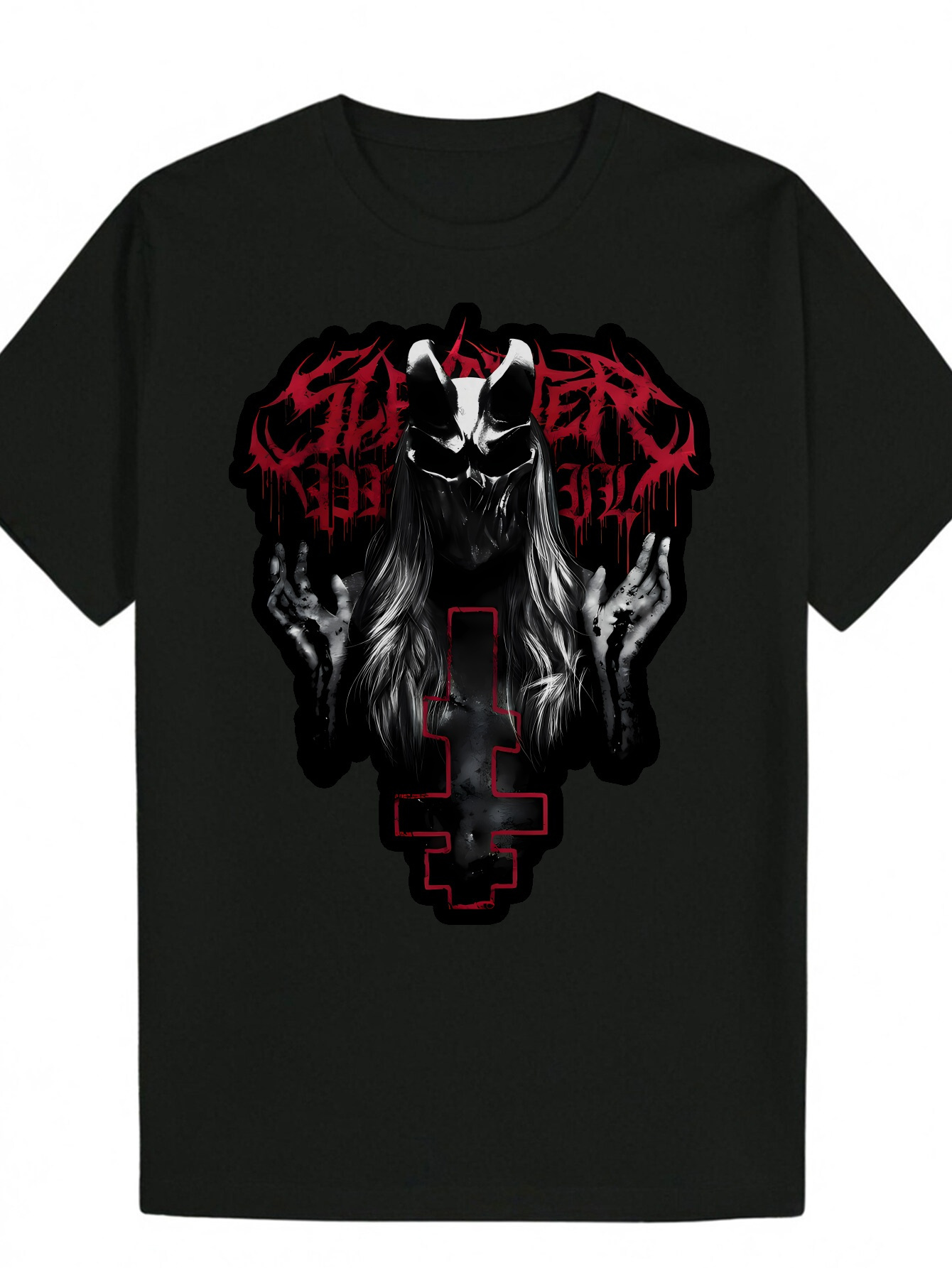 Men's Summer Horror Portrait - Black Crew Neck with Red and White Mask Design, Bold Graphic Print, Lightweight Polyester Casual Wear, Gothic T-Sh