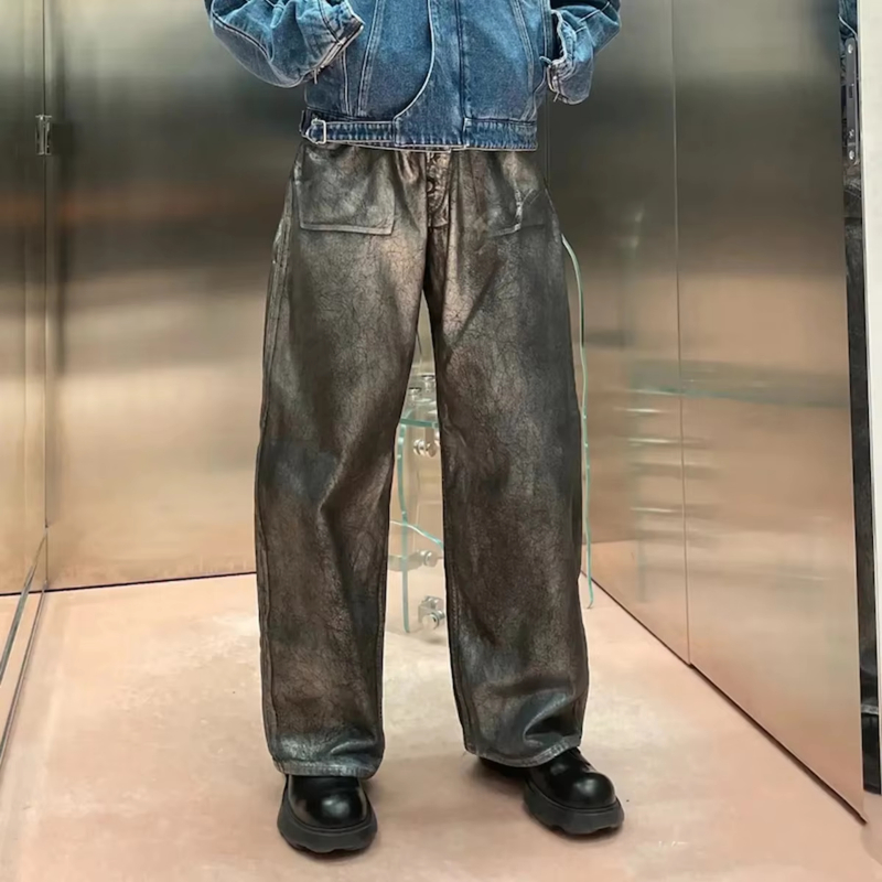 MIJKO Vintage Distressed Wax Coated Washed Baggy Jeans for Men and Women Black Casual Cargo Pants Oversized Ripped Denim Trousers