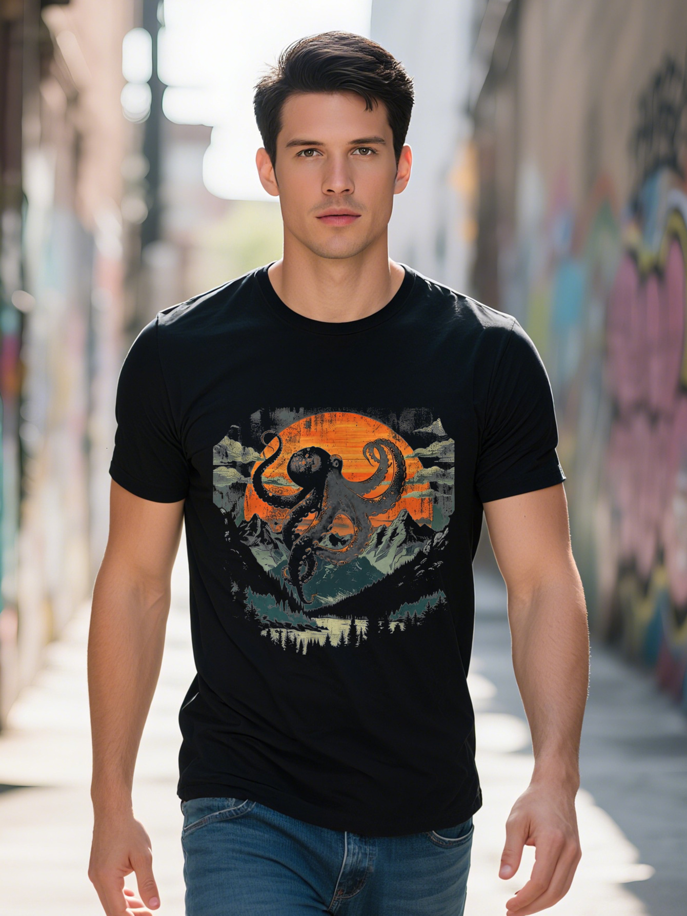 Octopus For Men Graphic Mountain T Shirt G