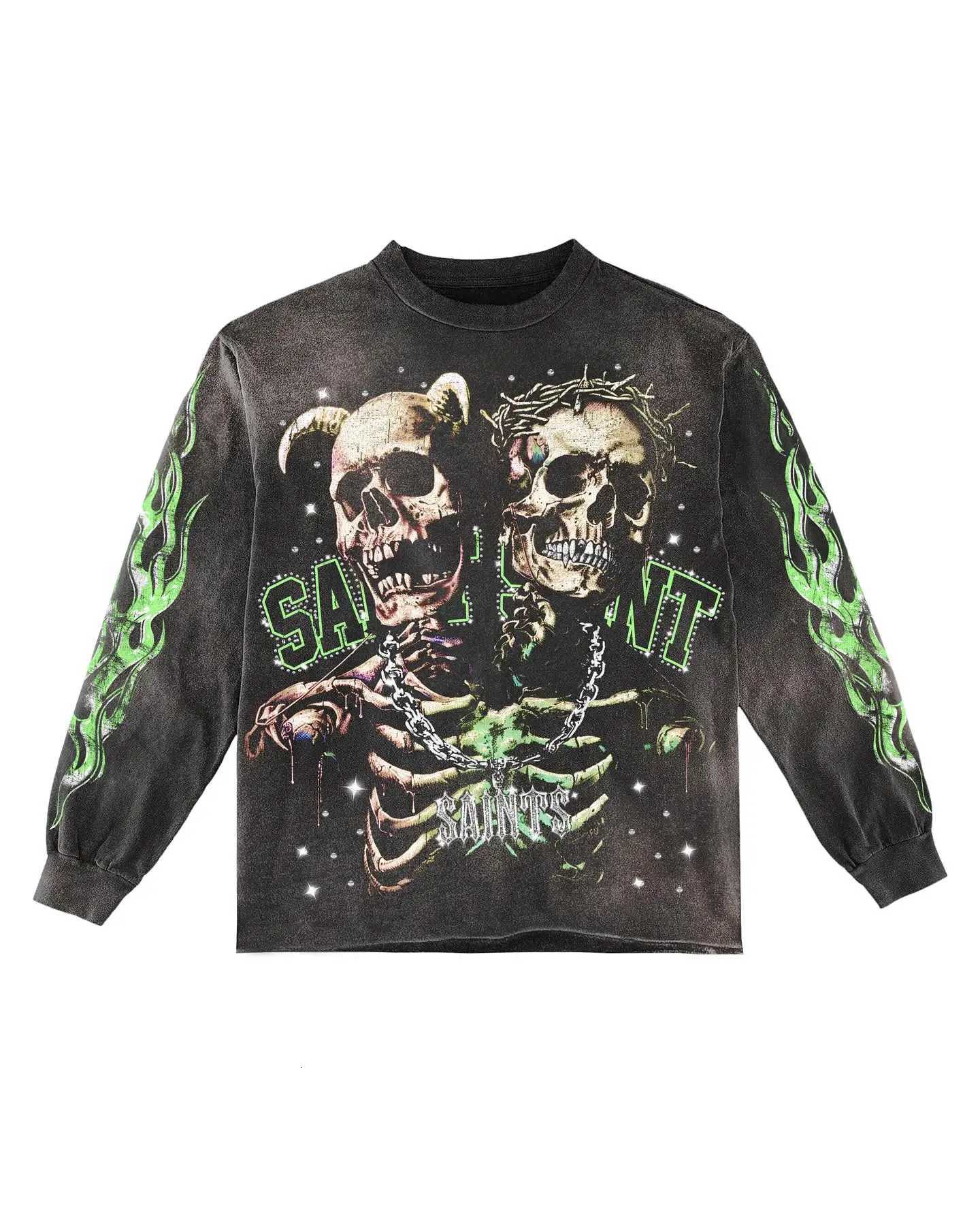 Skull Grn Flame Graphic T Shirts Y2K Streetwear Men Oversized T Shirt Vintage Harajuku Crew Neck Black Cotton Long Sleeve Tops X250802 - view 3