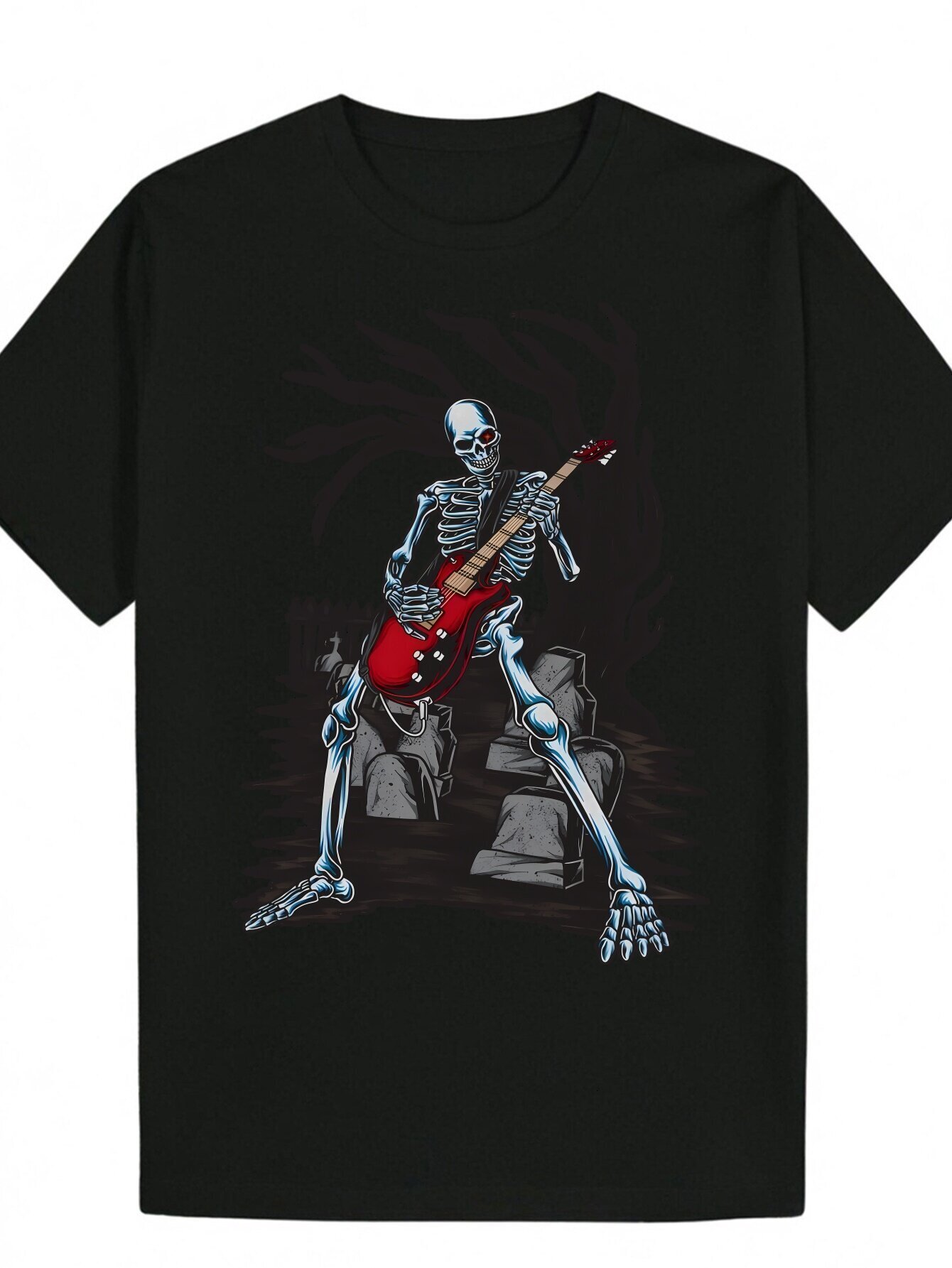 Men's Black Polyester T-Shirt with Skull Guitarist Pattern - Casual Crew Neck, Machine Washable, Summer Wear