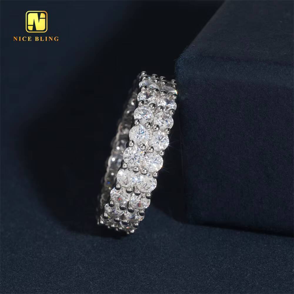 3MM Diamond Two Rows Ring Hip Hop CZ Rapper Brass 5A Cubic Zirconia Fine Jewelry Diamond Iced Out Ring for Men Daily Wear