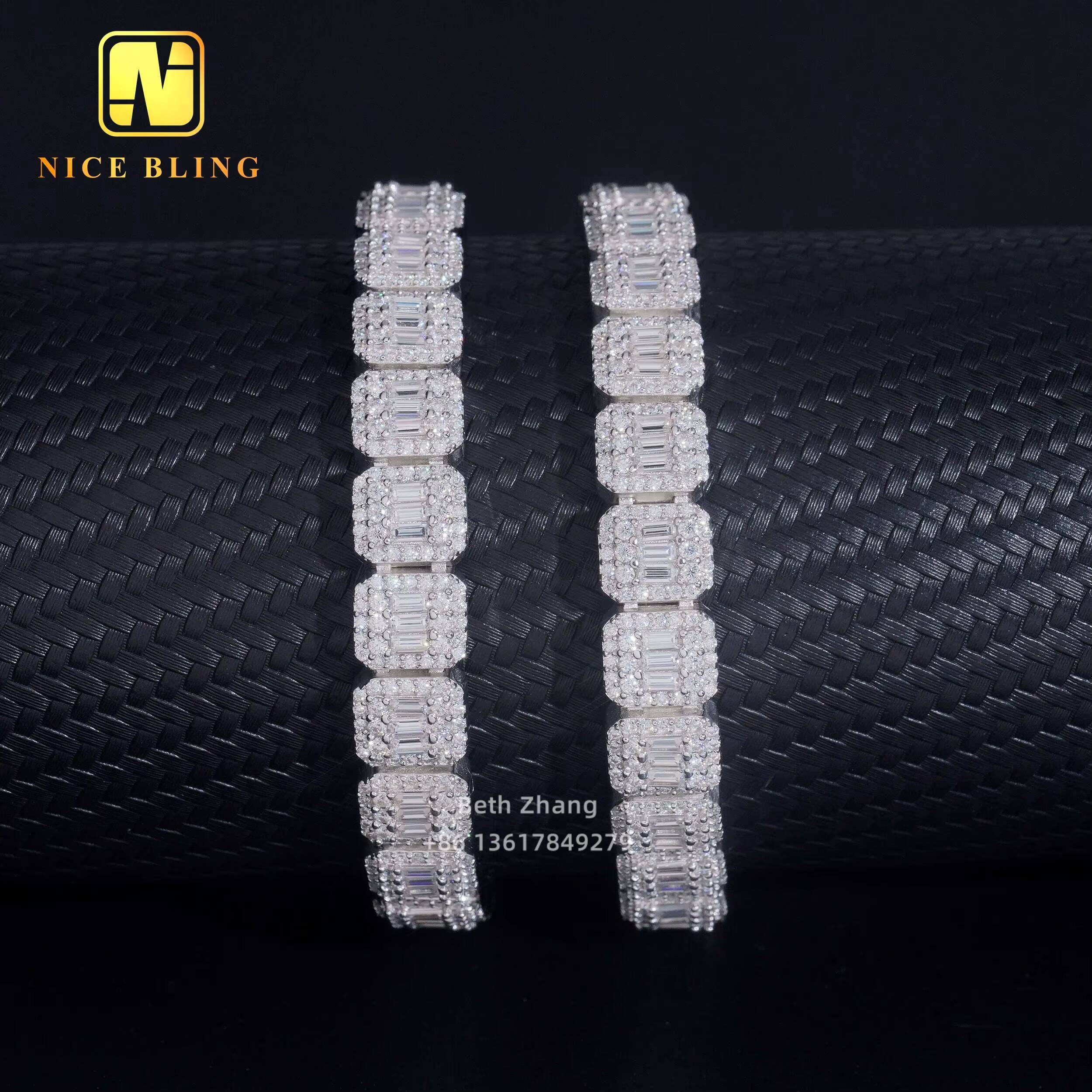 Baguette Moissanite Cuban Bracelet Fashion Hip Hop Iced Out Jewelry 9mm VVS Moissanite Diamond Cuban Link Chain Bracelet for Men