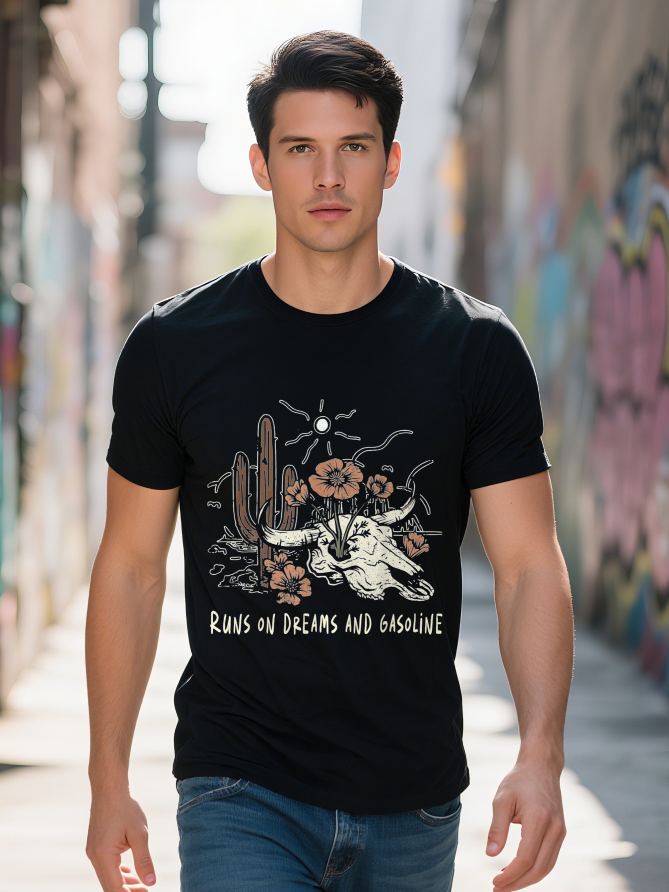 Men s Cotton Graphic T Shirt Runs On Dreams And Gasoline Country Music Bull Skull Design Black Short Sleeve