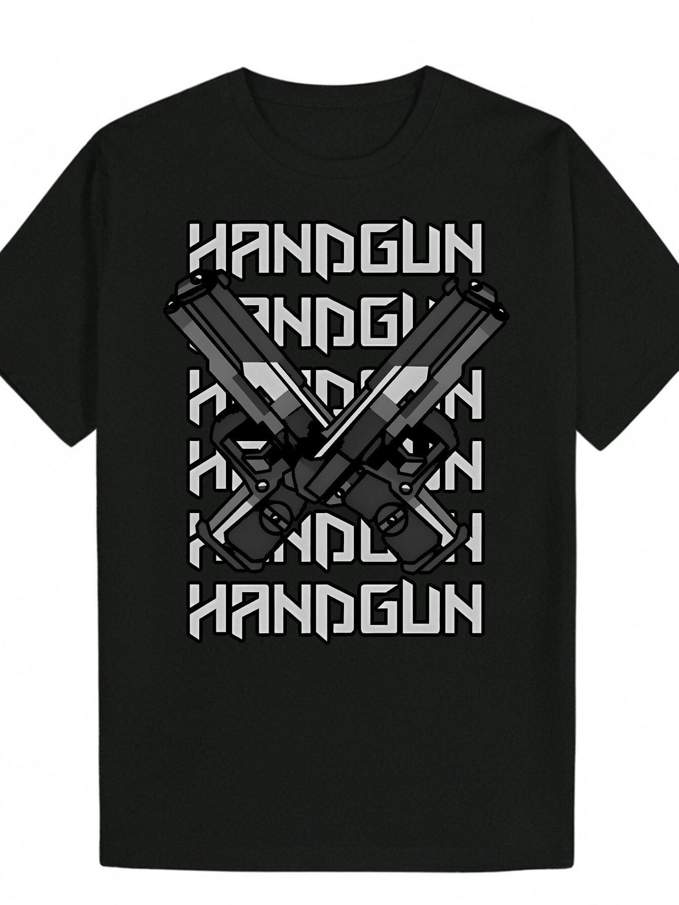 Men's Round Neck Polyester with Bold 'HANDGUN' Letter Print, Short Sleeve, Regular Fit, Black, Perfect for Casual Wear, Summer T-Shirt 