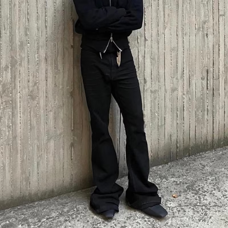 MIJKO RO Style Ribbons slightly Stretch Baggy Flared Jeans for Men High Street Black Color Boom Cut Oversized Casual Denim Trousers