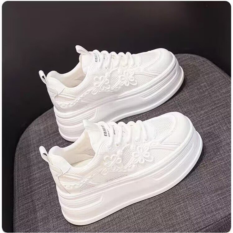 Breathable Genuine Leather White Sneakers for Women 2025 New Summer Thin Fashion Versatile Height-Increasing Thick-Soled Platform Mesh Shoes ddmythur