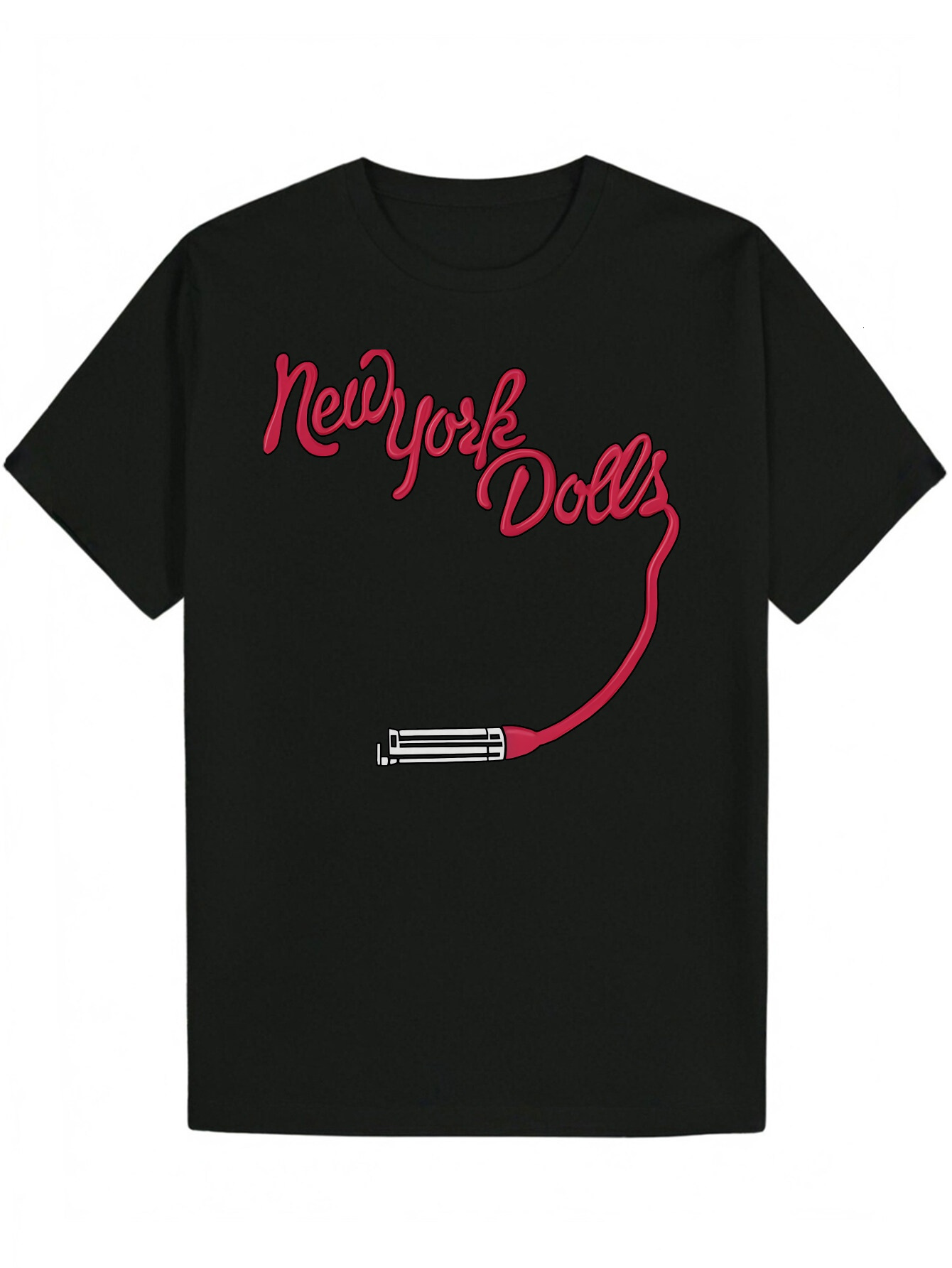 Men's - 'New York Doll' Pattern T-Shirt, Black Polyester Crew Neck with Red Trim, Lightweight and Breathable, Suitable for Casual Wear,
