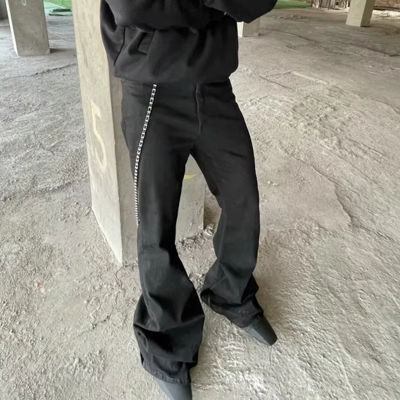 MIJKO RO Style Ribbons slightly Stretch Baggy Flared Jeans for Men High Street Black Color Boom Cut Oversized Casual Denim Trousers