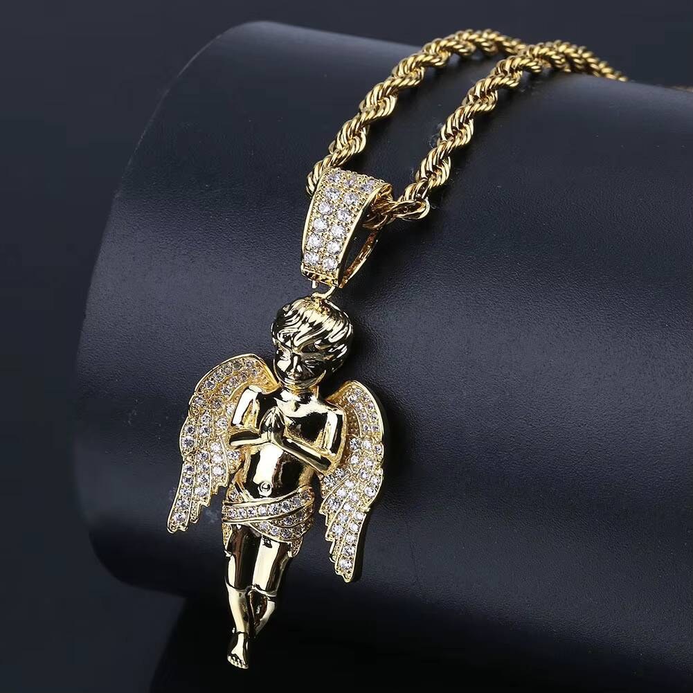 Hot Selling Angel Pendant Gold Plated Micro Inset Zircon Hip Hop Punk Mens Necklace