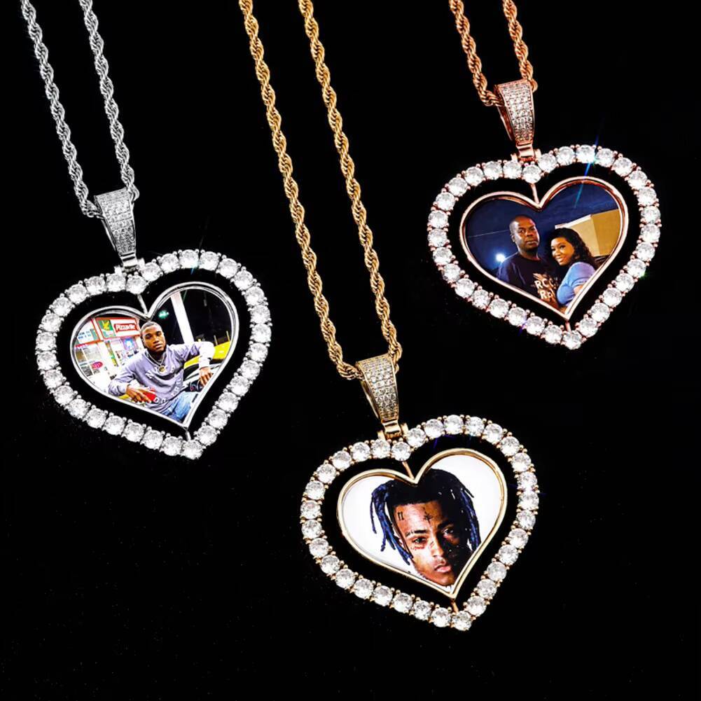 Fashion Hip Hop Memory Brass Zircon Rotatable Double Sided Heart Photo Pendant