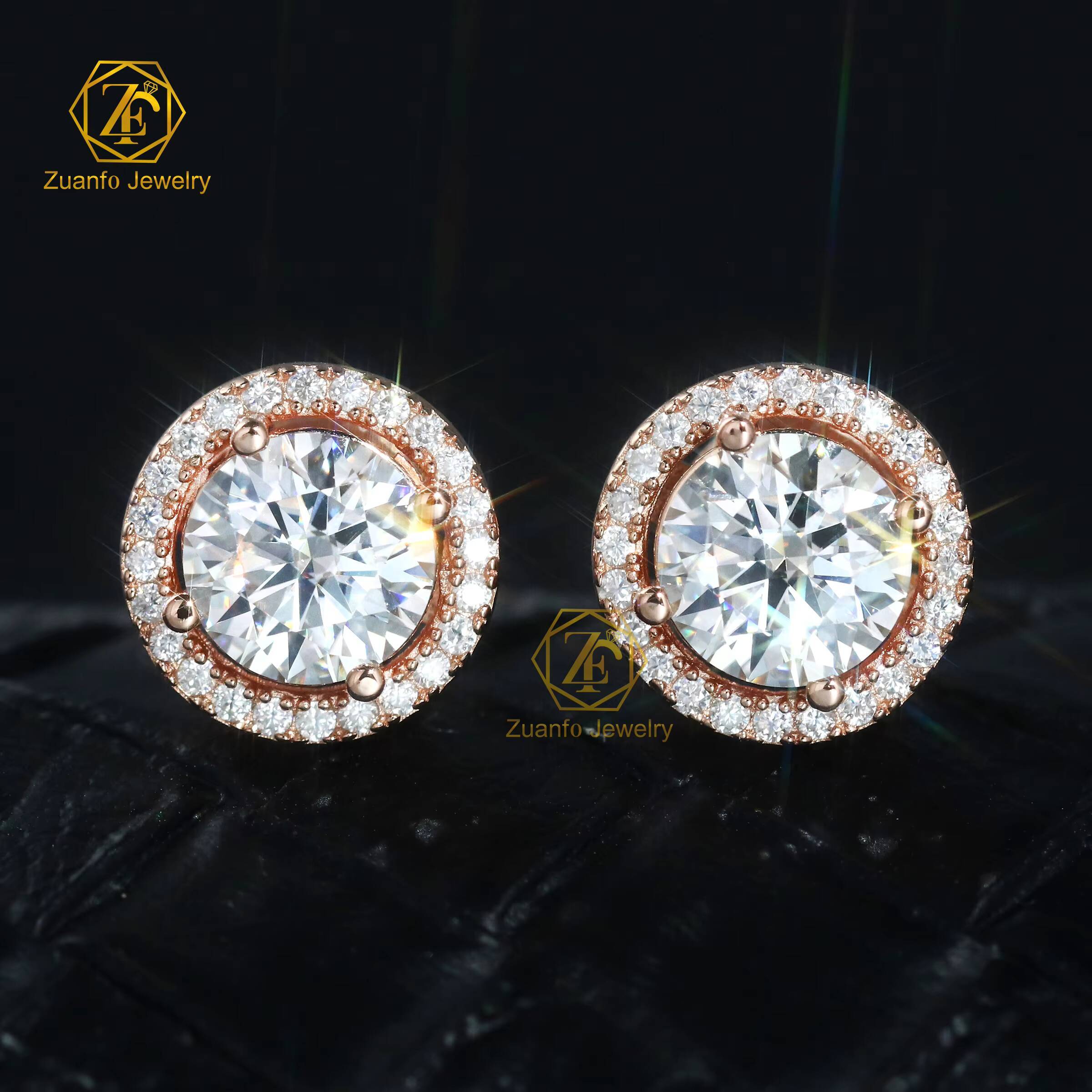 Wholesale Manufacture 925 Sterling Silver Iced Full Vvs Moissanite Round Stud Earrings Flower Pattern Men Women Weddings Gifts