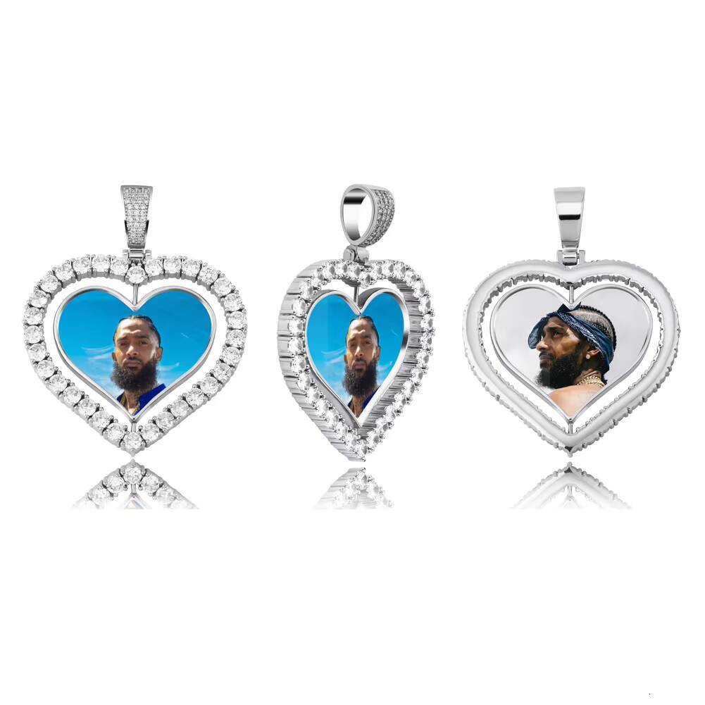 Fashion Hip Hop Memory Brass Zircon Rotatable Double Sided Heart Photo Pendant