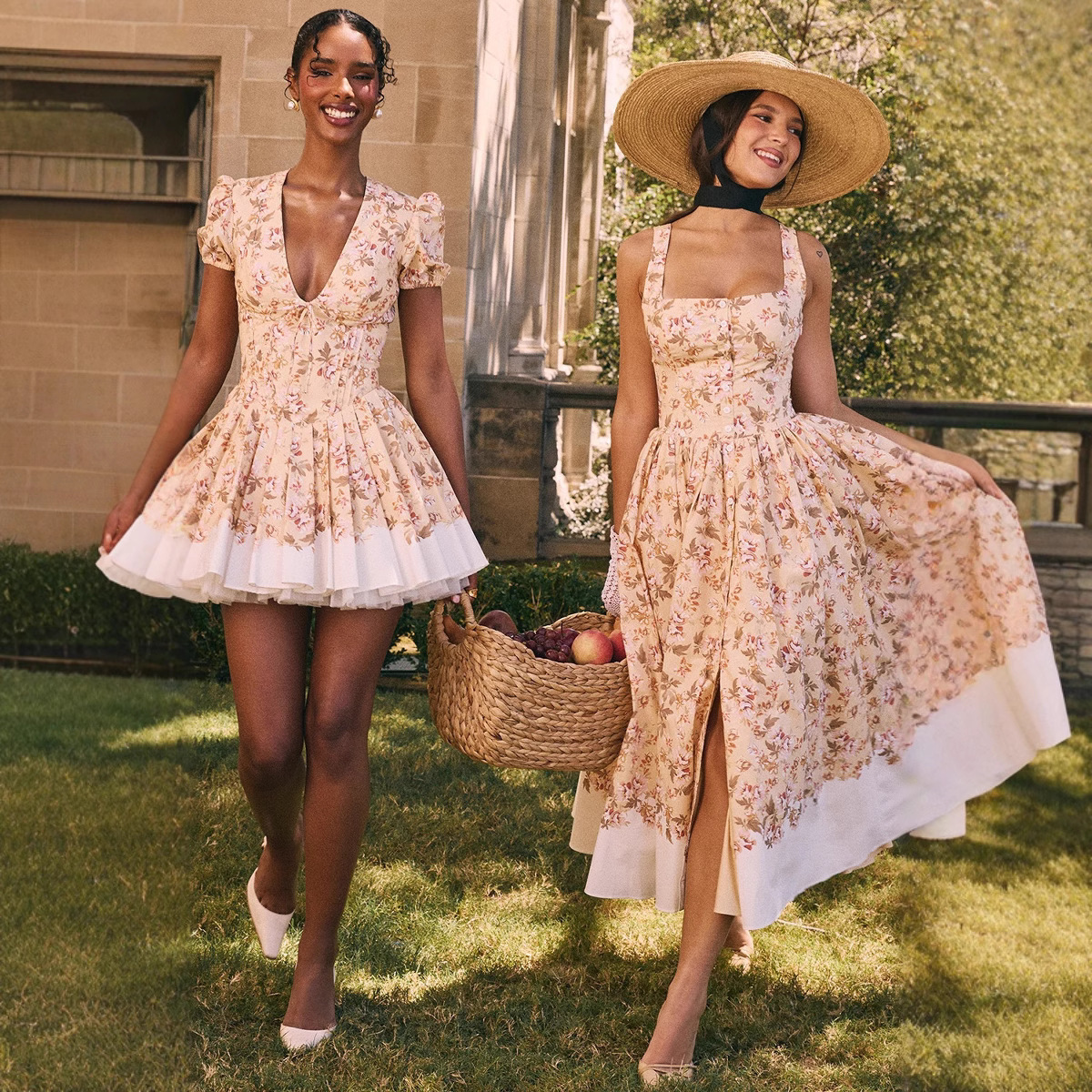 2025 European and American social intellectuals elegant and romantic French retro square collar trend button backless waist cinching dress new designe