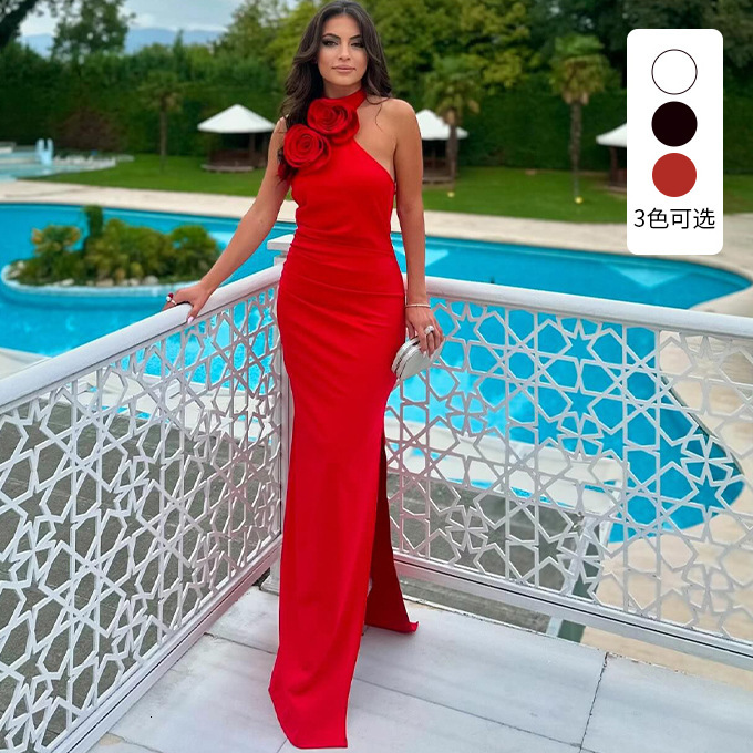 2025 Summer New European and American White Ribbon Flower Strap Skirt High end Women's S Slim Evening Dress trend New Designer Dress