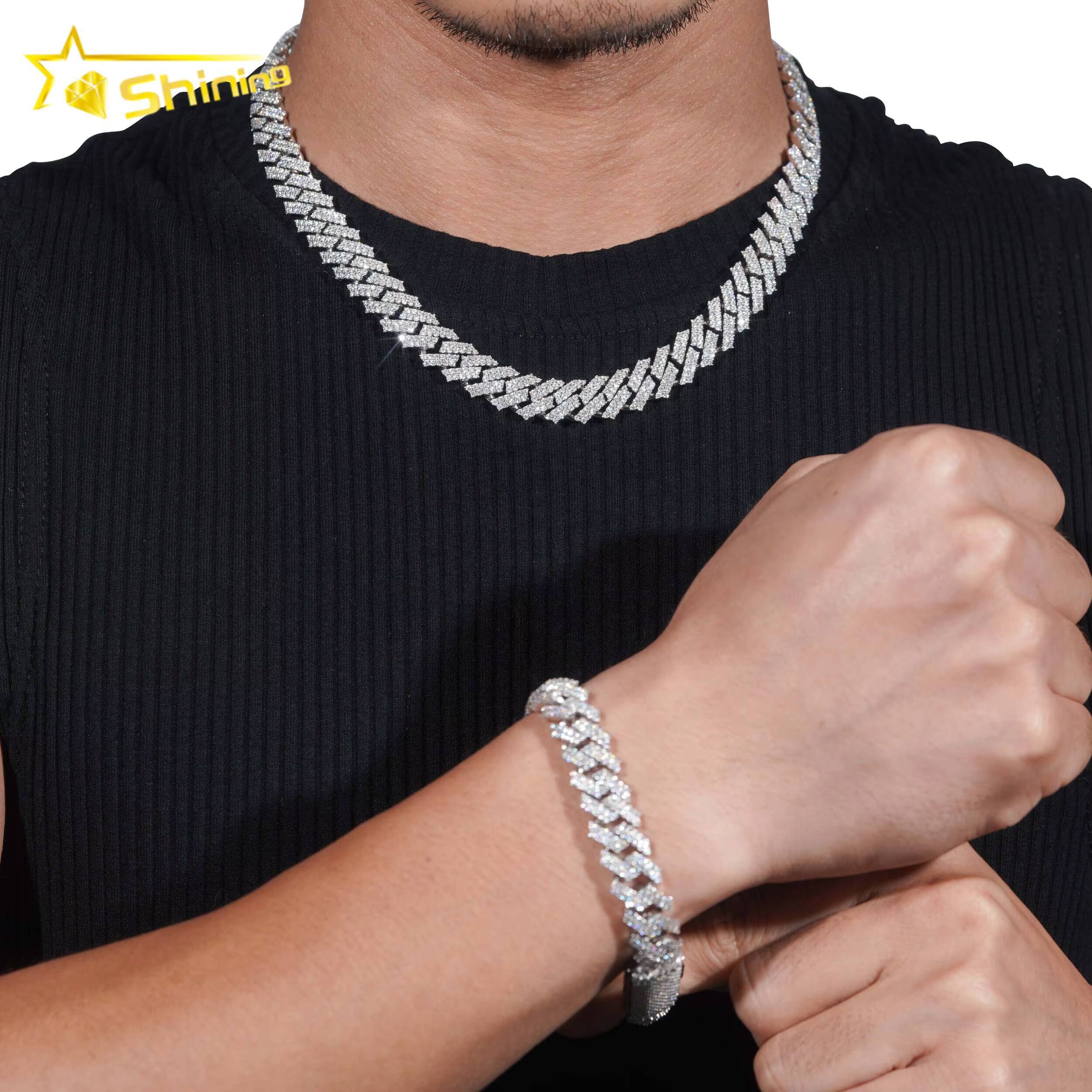 Pass Diamond Tester Hip Hop 925 Silver Two Row Straight Edge 12MM Moissanite Cuban Link Chain