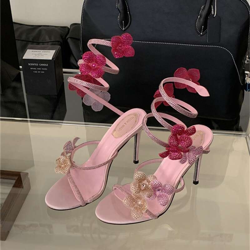 2025 Spring New Plus Size snake Elegant Sweet Stiletto Heels Women's Floral Rhinestone Open Toe Sandals Ankle Strap