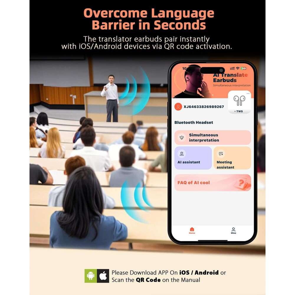 AI Translation Earbuds Real Time with 144 Languages 11 Offline & Touch Screen, iOS/Android App Compatible, 3-in-1 Bluetooth 5.3 Translator Headphones 