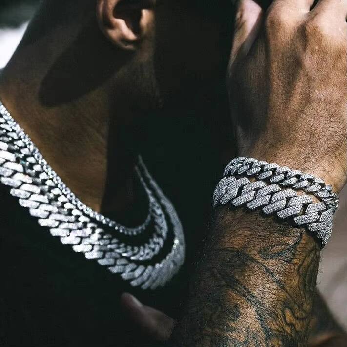 Iced Out Vvs Moissanite 2 Rows Miami Gold Cuban Chain Necklace 925 Sterling Silver Diamond Moissanite Cuban Link Chain