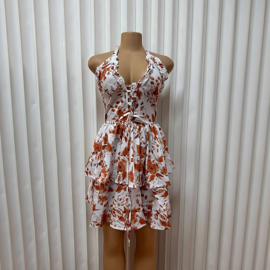 2025 European and American new printed backless collar, low cut sexy tie, backless dress fashion for women, wholesale new designer dress