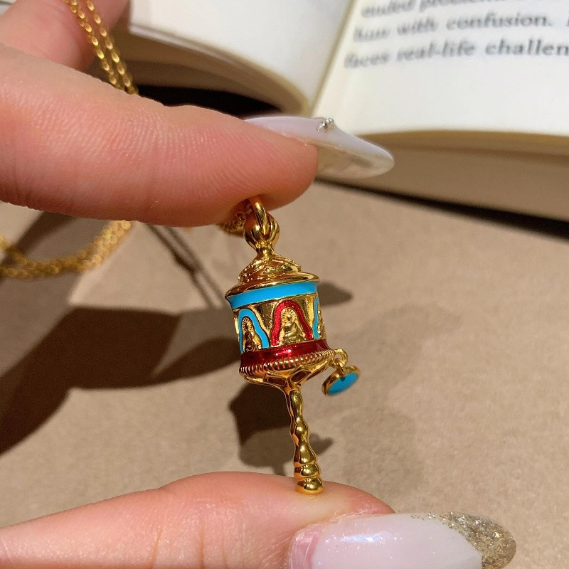 fashion temperament Versatile Handcrafted Brass Spinner Necklace Lapis Enamel Turquoise Accents