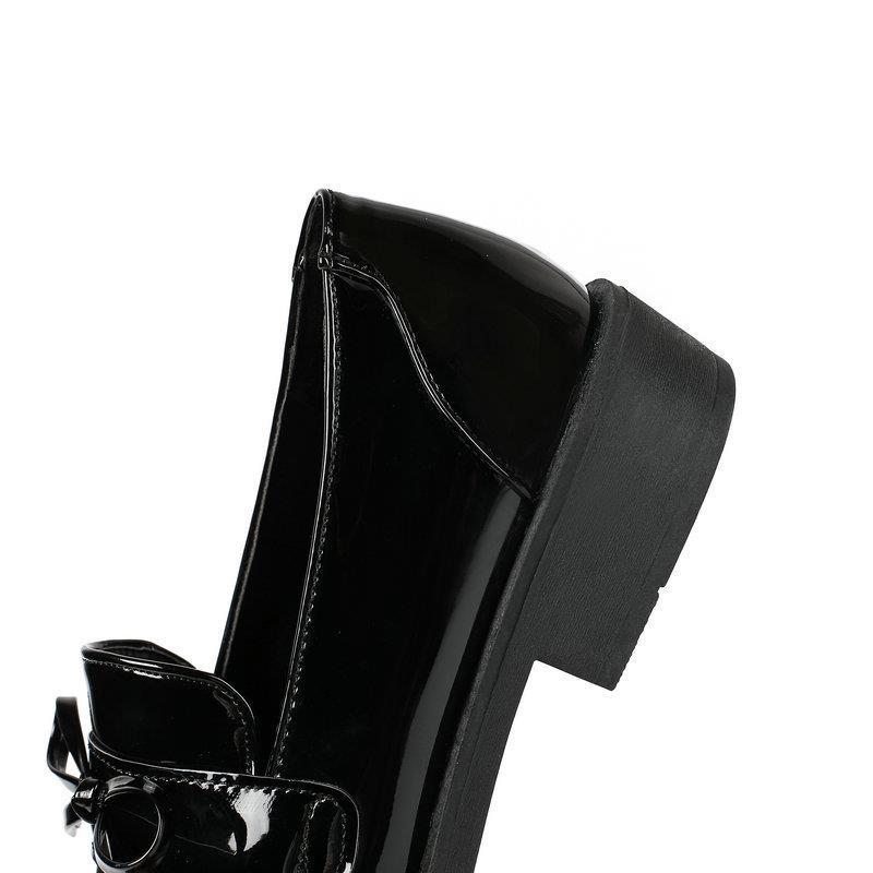 Glossy Patent Mary Jane Flats 3CM Chunky Heel School Shoes w/ Metal Chain Bow (Black) - Factory Direct