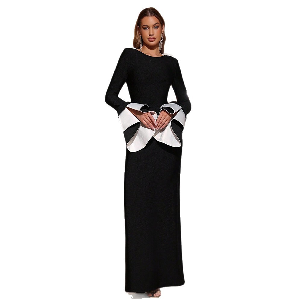 2025 summer new women's S dress autumn and winter trend new sexy backless patch cuff long sleeved slim fit long skirt bandage dress women's 