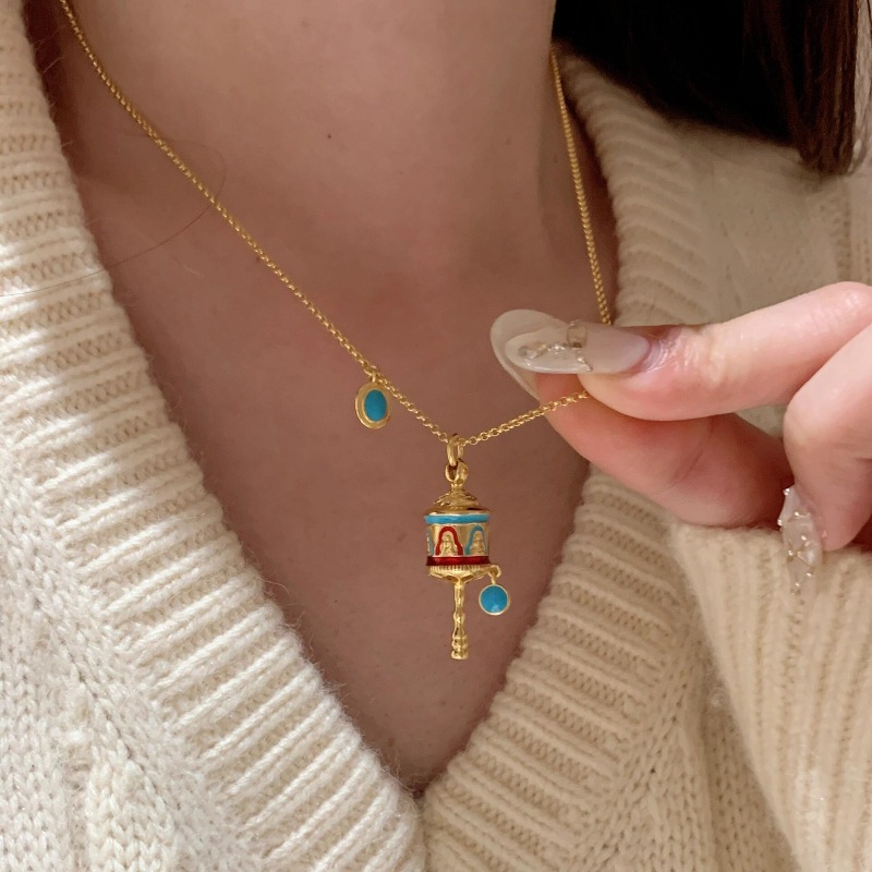fashion temperament Versatile Handcrafted Brass Spinner Necklace Lapis Enamel Turquoise Accents