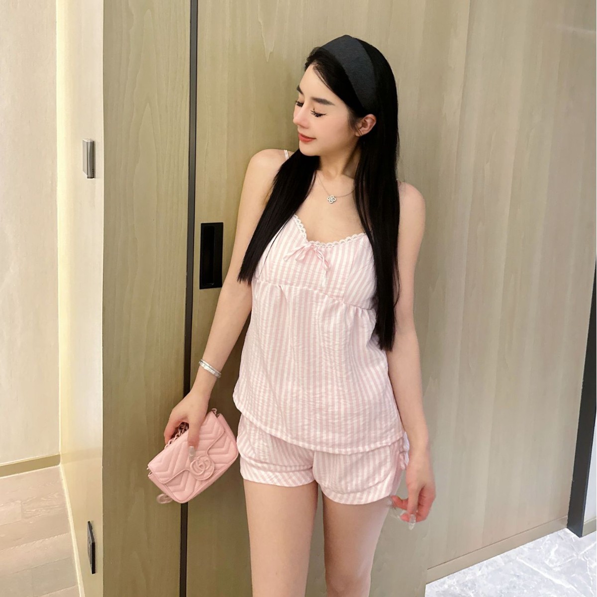 Outfits For Woman High - quality cotton pajamas for women with built - in bra pads in summer The suspender style is pure and sweet with butterfly knot