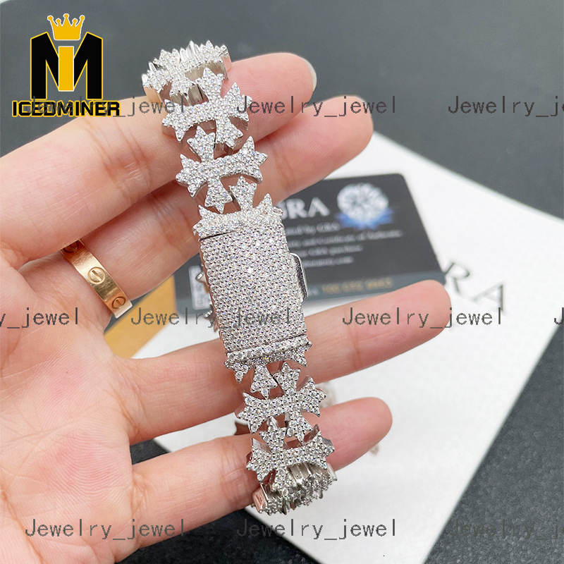 New Arrive Moissanite 16mm Cross Cuban Bracelet Iced Out Chain Hip Hop Jewelry S925 Silver Cuban Chain Bracelets With GRA