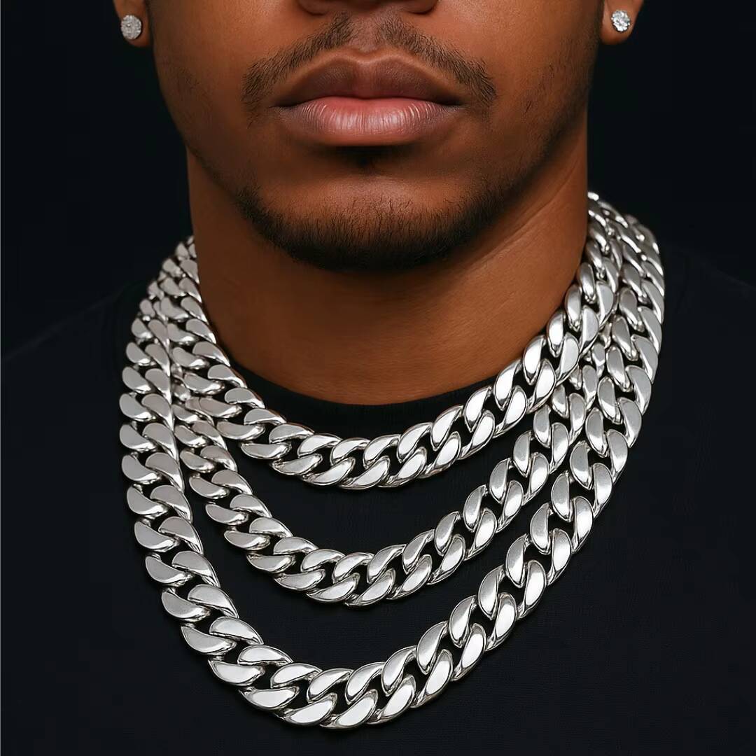 Wholesale Choker White Gold Plated Cuban Link Chain 10mm-25mm Heavy Solid Brass Miami Cuban Chains Bracelet Necklace for Men