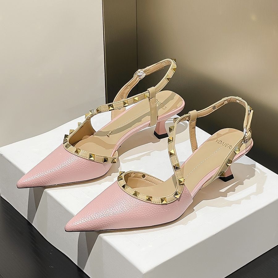 Free delivery designer sandals plus size Rivet for women with shallow mouth, thin heels, toe caps, pointed high heels