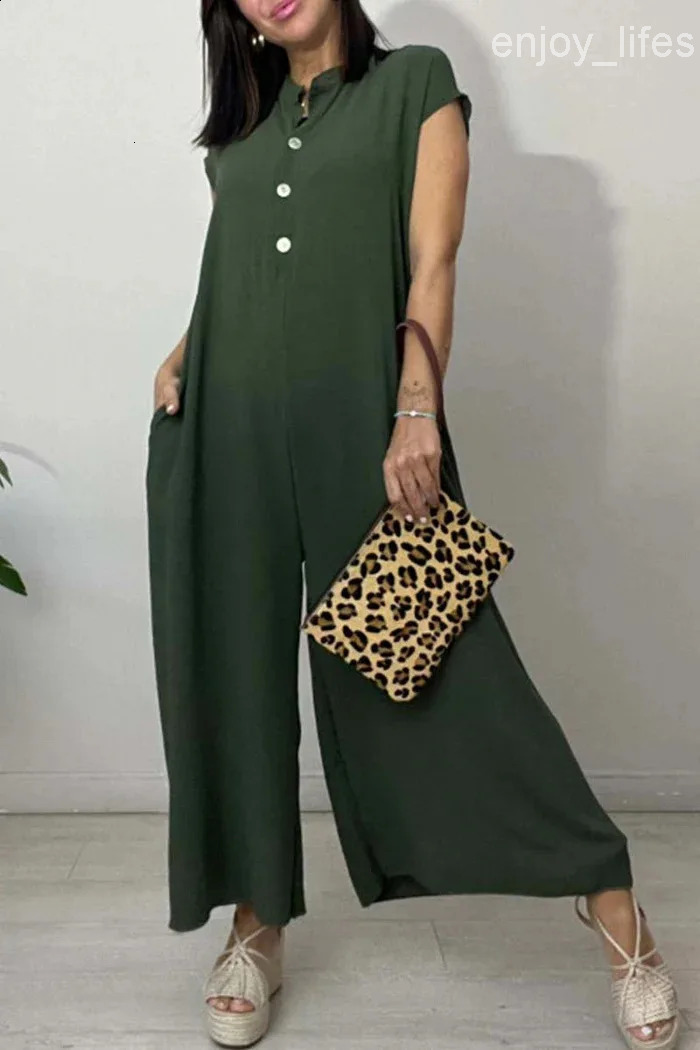 Cotton Linen Jumpsuit Rompers Women Casual Fashion Loose Beach Jumpsuits V-neck Long Sleeved Button Wide Leg Women Playsuit