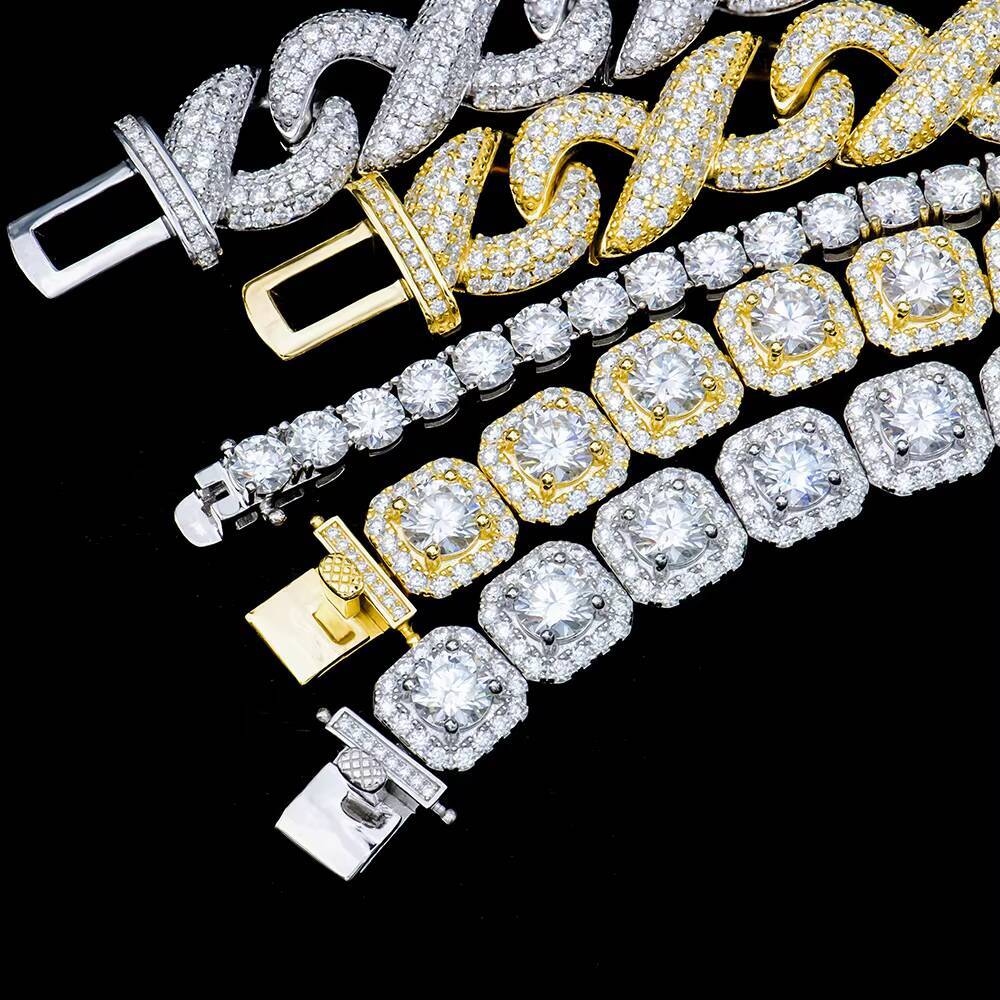 Hiphop Fine Jewelry Full Diamond Gold Plated Clustered Vvs Lab Grown Moissanite Tennis Cuban Chain Bracelet 925 Silver