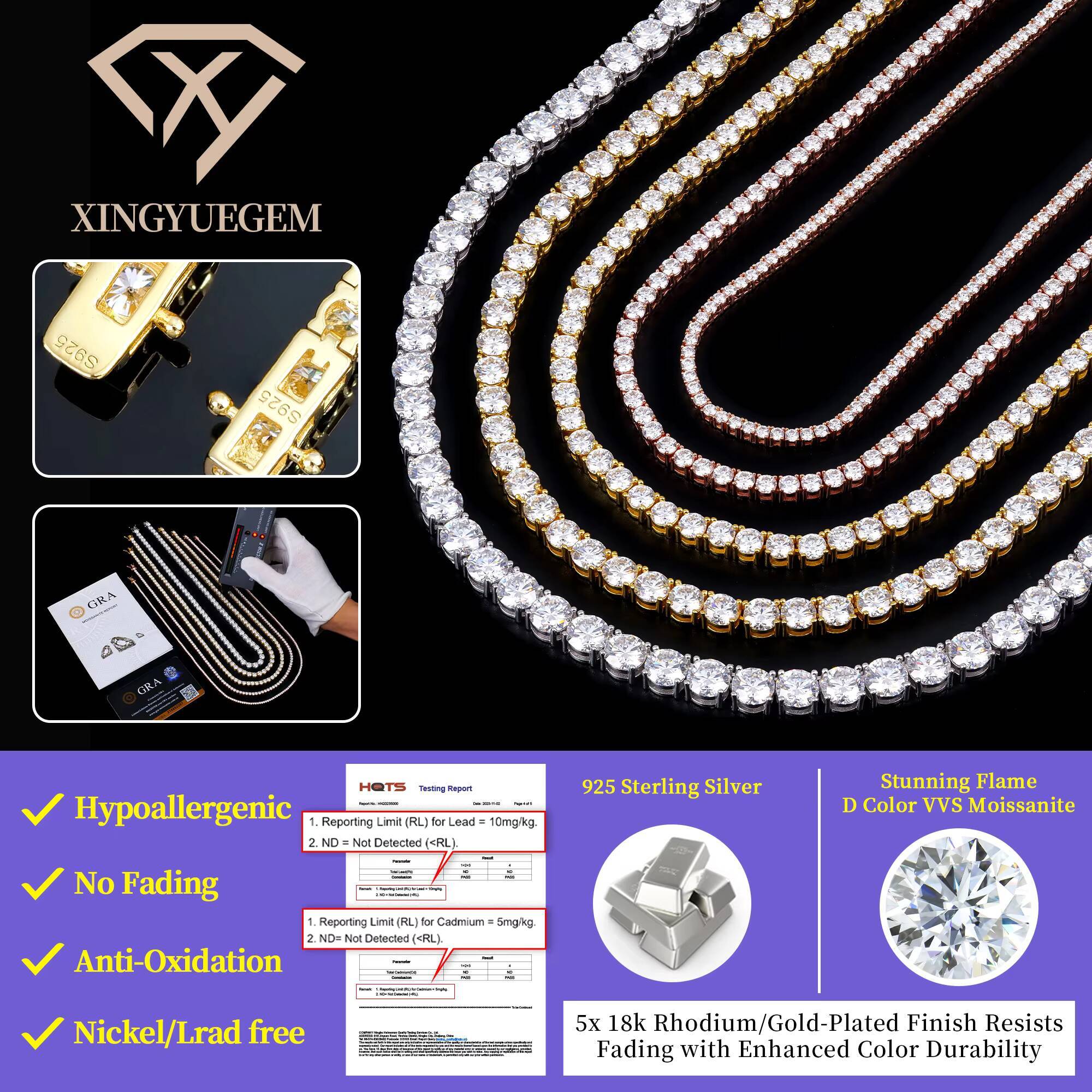 Round Iced Out Hip Hop 2mm 3mm 4mm 5mm 6mm VVS 925 Sterling Silver Diamond Moissanite Tennis Chain Necklace Bracelet for Women