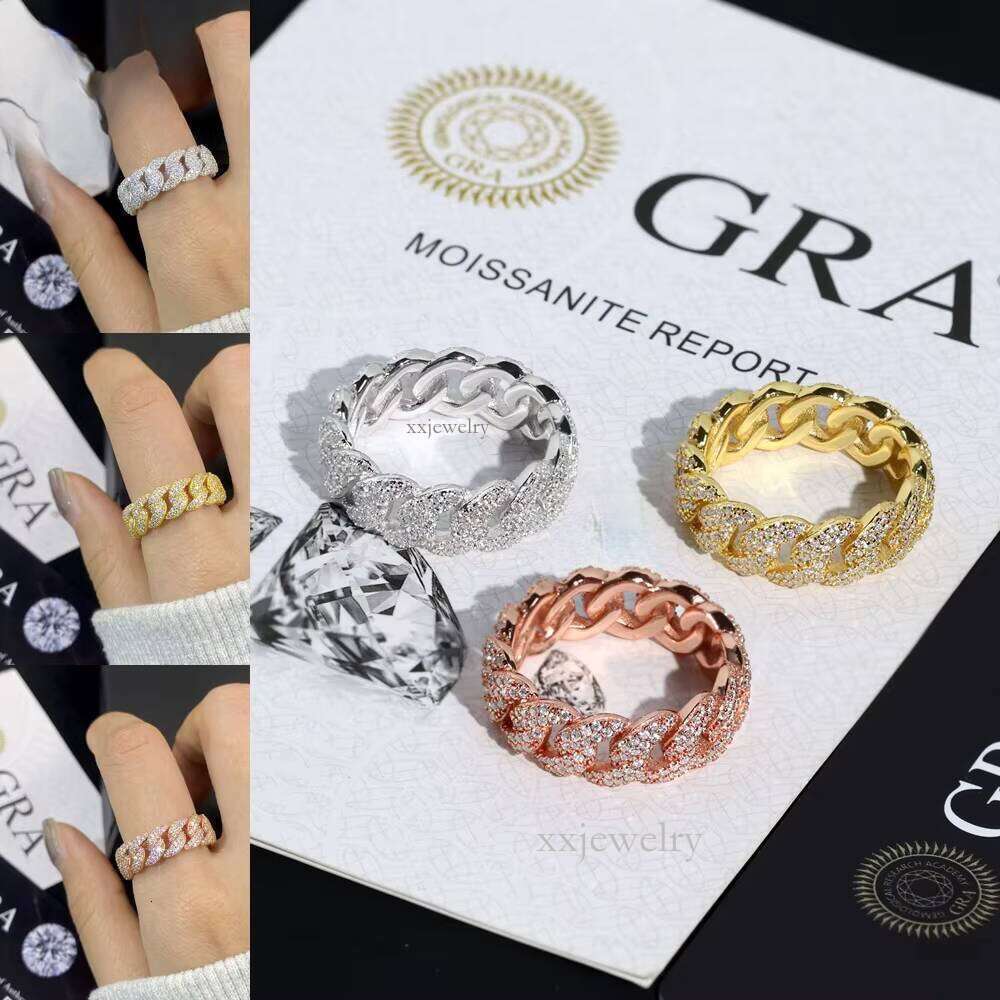 Top notch ring2 Row Cuban Chain Silicon Stone Iced Out Men's Ring Sterling Sier Rhodium Plated D Color Hip Hop Pearlescent Style Wedding Party