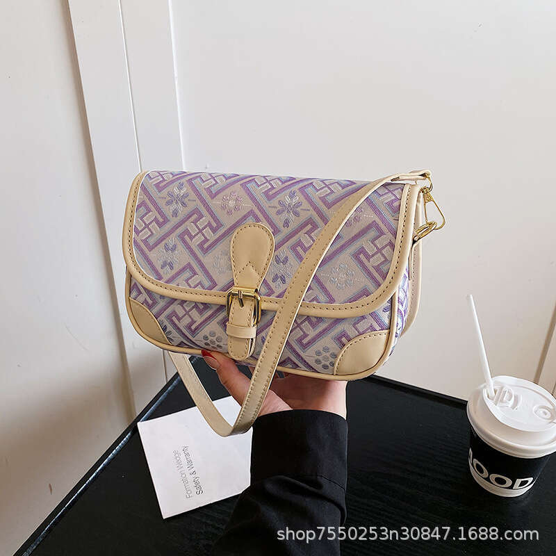 2025 New Intangible Cultural Heritage Zhuang Brocade Elegant Travel Choice Light Purple Geometric Pattern Handbag for Women Shoulder Crossbody Commuti
