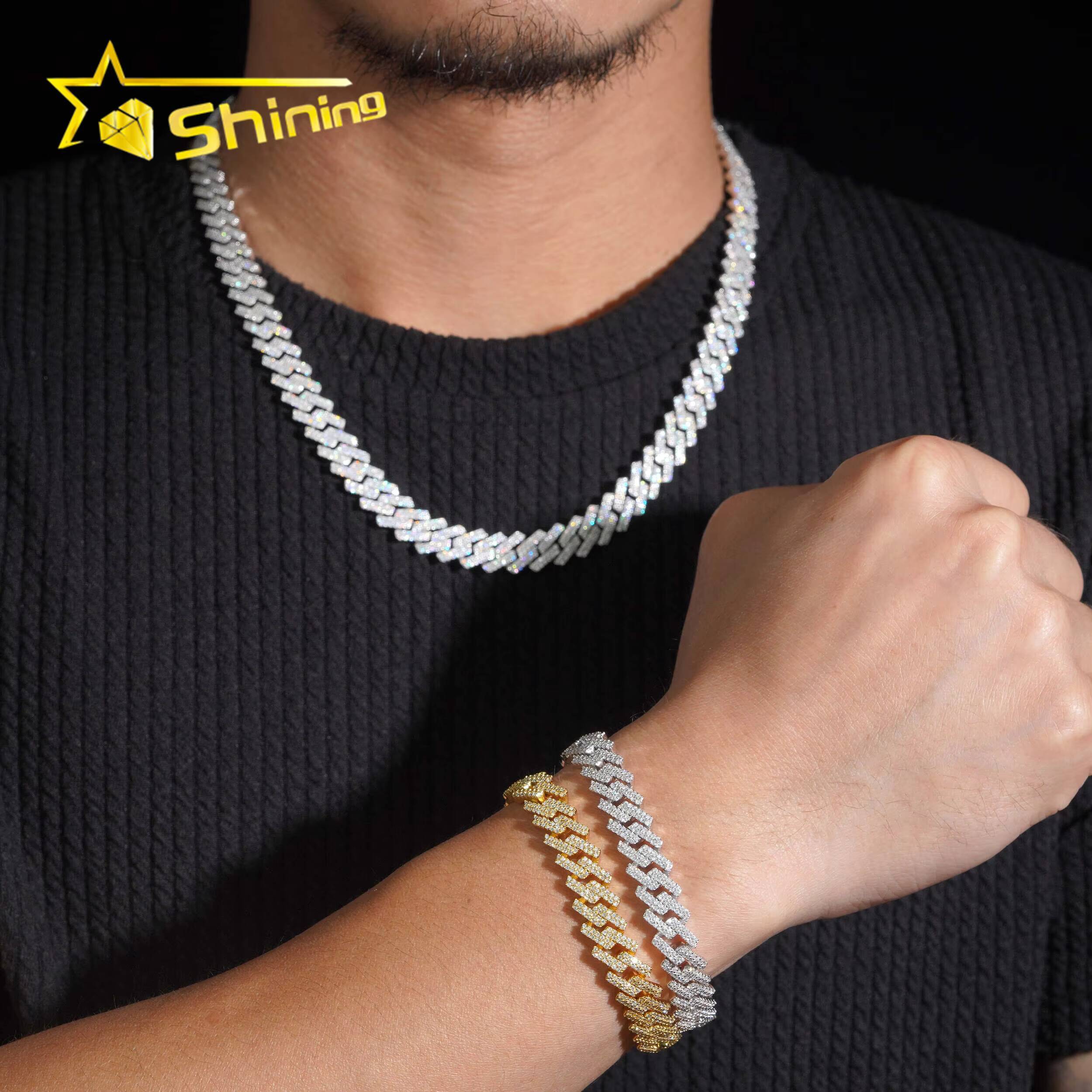 Popular Iced Out 10mm Width 2 Rows Moissanite Cuban Link Hip Hop Jewelry 925 Silver Necklace Custom Cuban Link Chain for Men