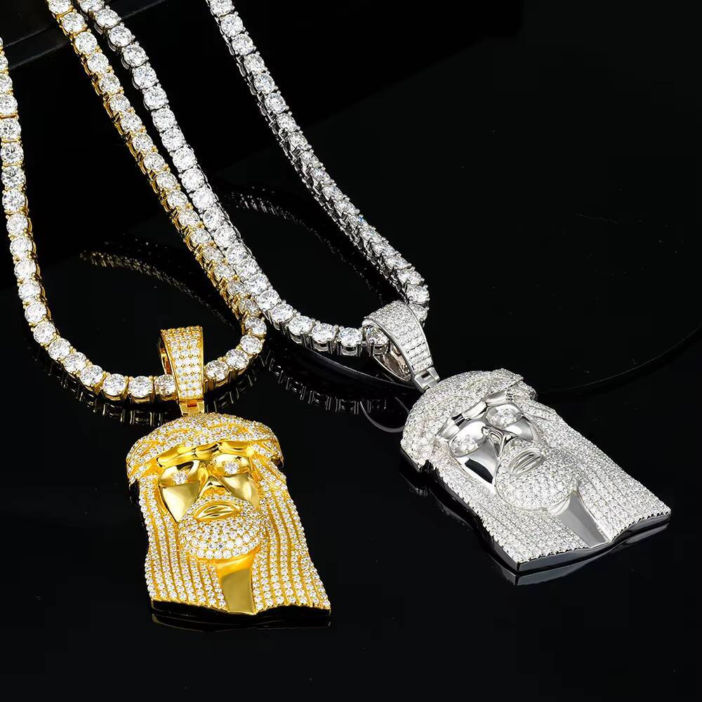 Custom Mens 925 Sterling Silver Jesus Pendant Hip Hop Style Rhodium Plated Ice Out Moissanite Chain Fine Pendants Charms